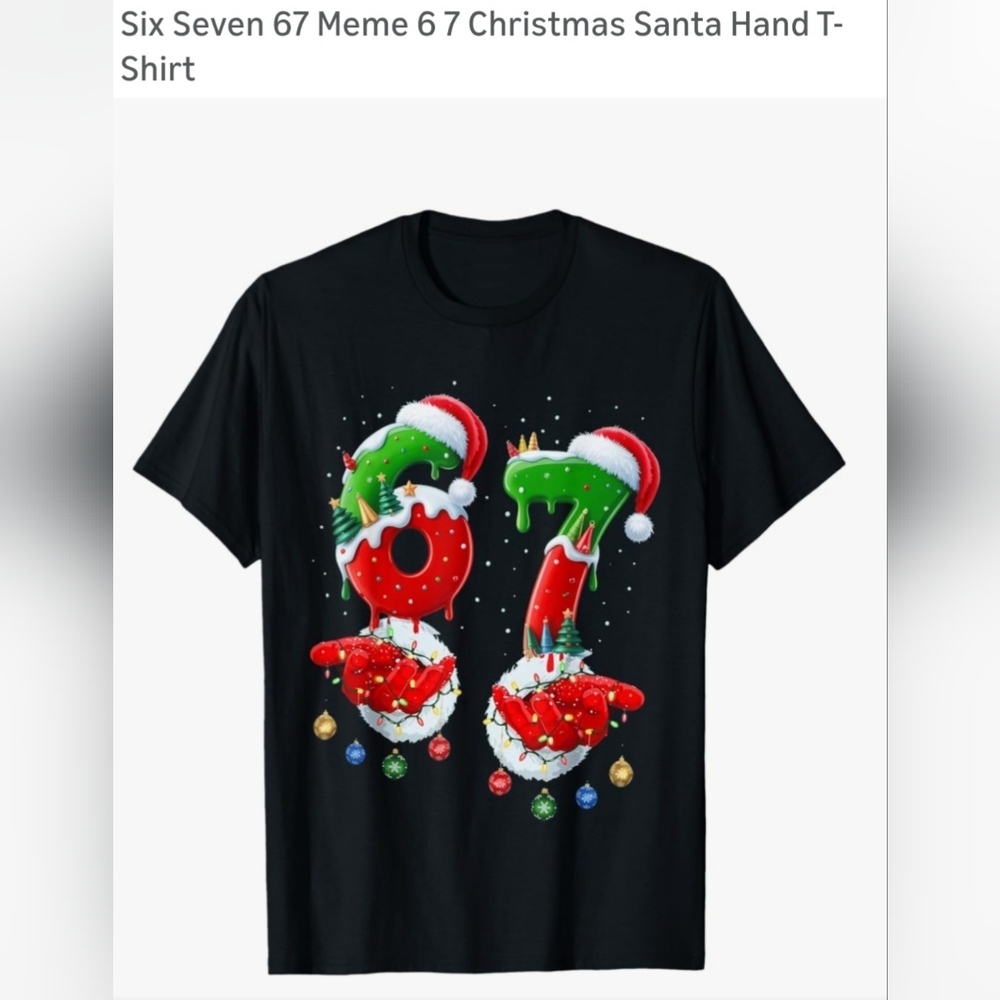 67 Christmas Santa Graphic Tee - Black with Red & Green. M-22